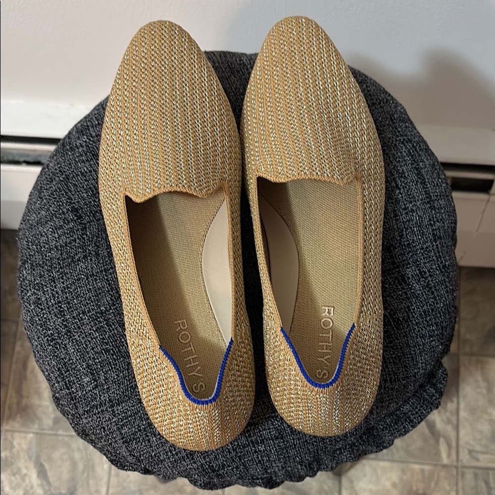 Rothy's Tan Woven Loafers with Blue Trim